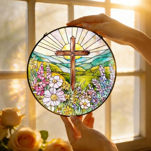 Croix chrétienne en vitrail attrape-soleil pour décoration intérieure