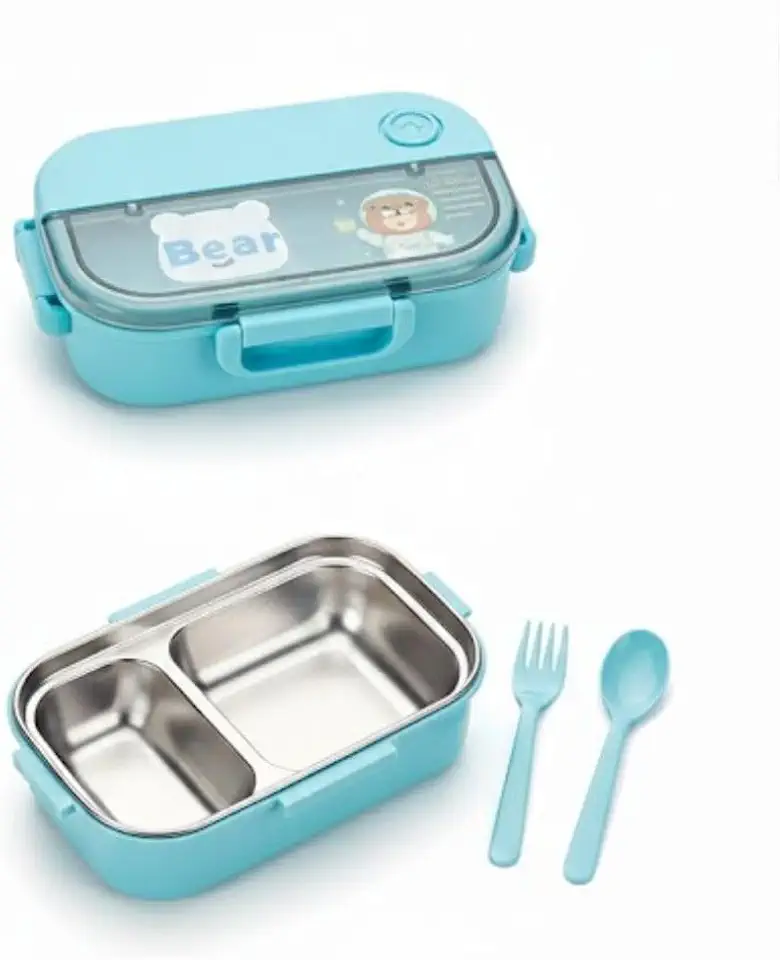 Lancheira Térmica Infantil Hermética, Aço Inox 304, Livre de BPA, 700ML, com Alças de Vedação, Talheres Inclusos (Azul Bear)