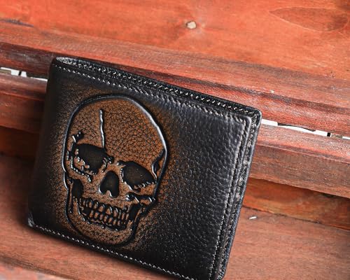 Image of DK86 Skull Bifold Wallet for Men RFID Blocking Full Grain Leather With Hand Burnished Extra Capacity Multiple Card Slots with 2 ID Windows