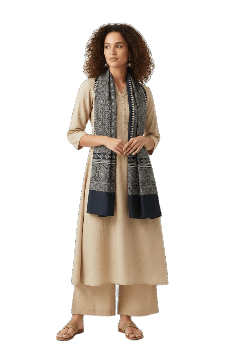 Charcoal Ajrakh Hand Block Print Mashroo Silk Stole | Traditional Geometric Print | 220×55 cm-image-24