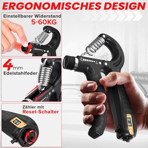 Handtrainer Fingertrainer, Verstellbares Griffkraft Trainer Set -5-Teilig- Unterarmtrainer, Fingerstrecker Handgelenk Band - Finger Grifftrainer - Grip Ring, Hand & Unterarm Training