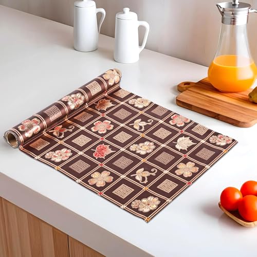 Image of Kuber Industries 5 Meters Waterproof & Durable Kitchen Mats for Shelf Liner Roll | Wipeable Fridge Sheets for Shelves Cabinet Drawer | Golden Print - Dark Brown