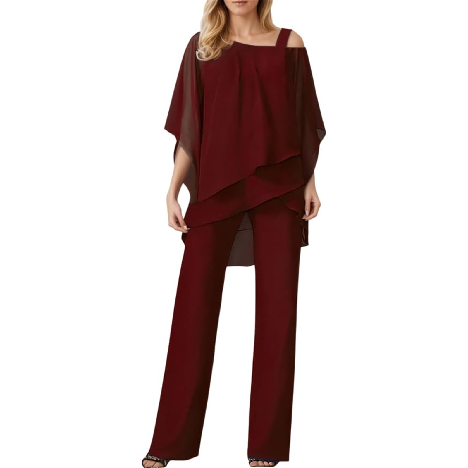Generico Completo Elegante da Donna: Top in Chiffon a Strati e Pantaloni a Gamba Larga – Leggero, Casual-Chic e di Tendenza – Completo 2 Pezzi Fluido e Asimmetrico