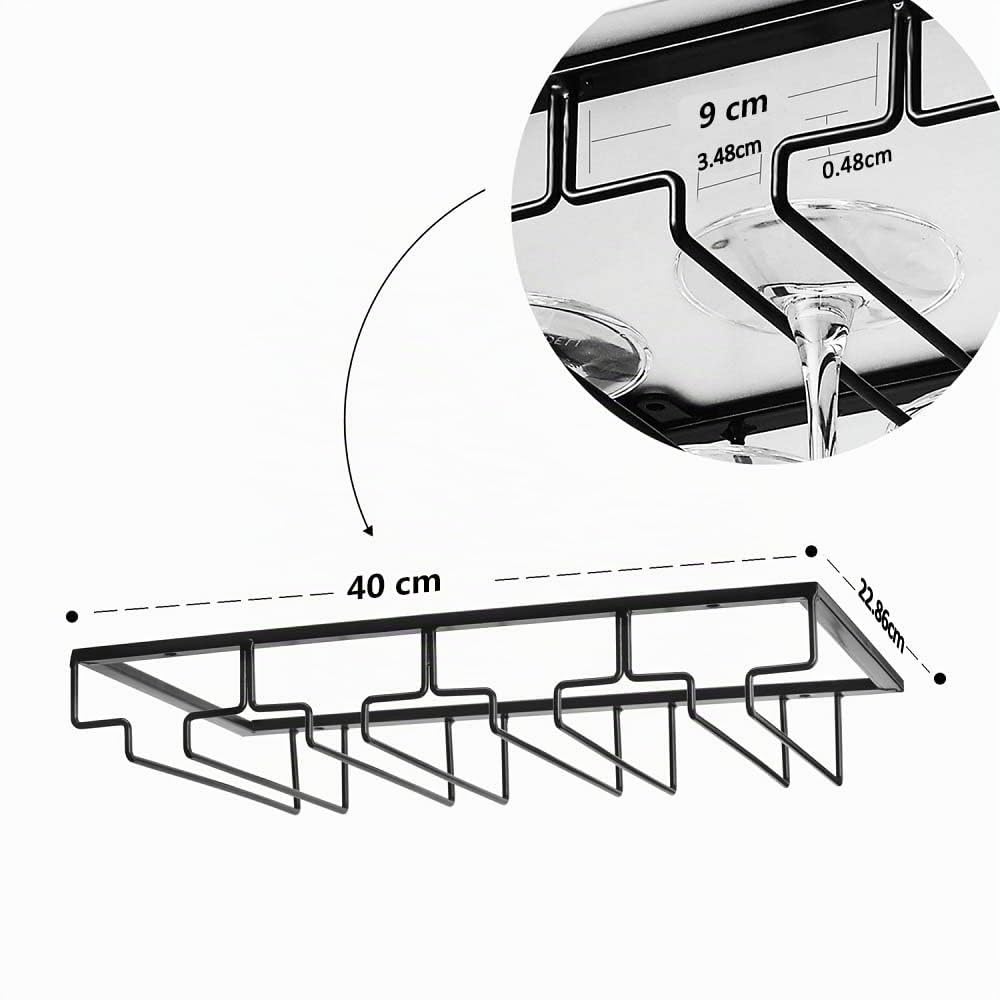 FOMANSH Support de Verre à Vin - Porte-Verres à Pied Suspendu sous Armoire en Métal avec Vis, Support de Rangement pour Verre en Fer Inoxydable avec 4 Rangées pour Cuisine, Bar, Restaurant Noir