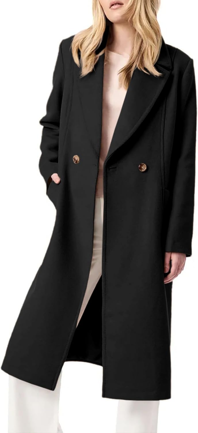 Danedvi Women's Notch Lapel Collar Pea Coat Long Sleeve Casual Fall Winter Long Overcoat with Belt - Image 2