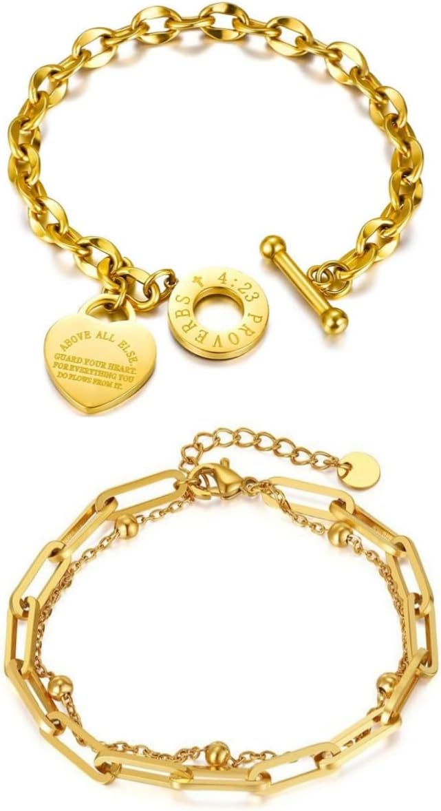 Zankulas 2 Pieces Gold Cuban Bracelet 18k Gold Plated Personalized Chunky Cuban Oval Link Chain Bracelets for Woman Toggle Rope Bracelet Jewelry for Women