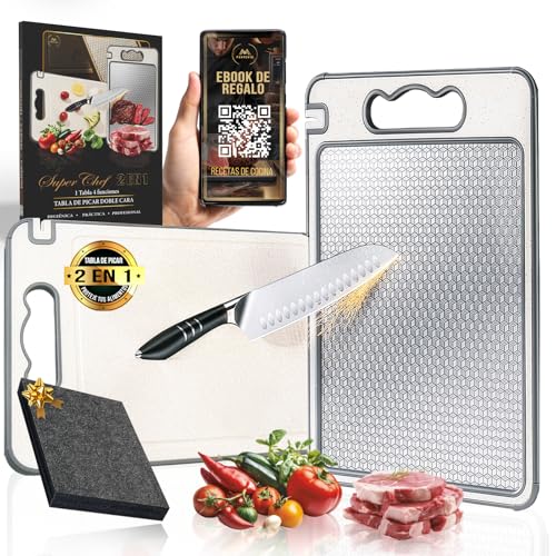 MANROVID® SUPER PACK Tabla De Cortar Acero Inoxidable 304 PREMIUM Con Afilador + Rallador De Ajos + QR Con 30 Recetas | Tabla De Cortar Doble Cara SIN BPA |Tabla Acero Inoxidable Cocina (36cm x 25cm)