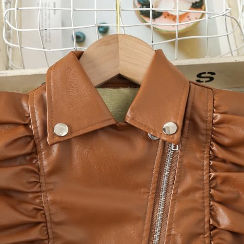 Toddler Girls Faux Leather Motorcycle Jacket Cute Ruffle Spring Fall PU Coat and Hat 2 to 7 Years Top Runaways Coffee2