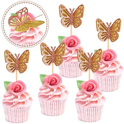 Ercadio 24 Pack Double Layers Butterfly Cupcake Toppers Assembled Gold and Rose Gold Glitter Butterfly Cupcake Picks Decorations for Baby Shower Kids Birthday Party Supplies