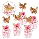 Ercadio 24 Pack Double Layers Butterfly Cupcake Toppers Assembled Gold and Rose Gold Glitter Butterf
