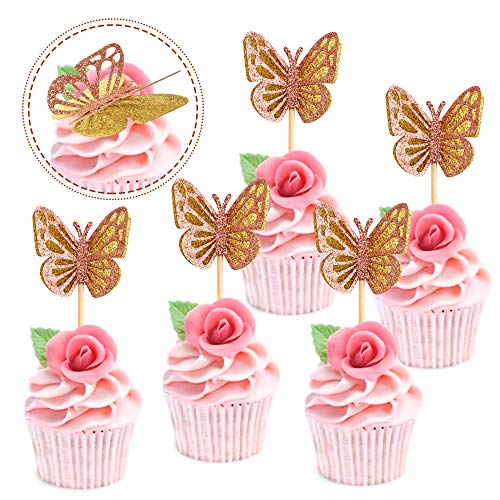 Ercadio 24 Pack Double Layers Butterfly Cupcake Toppers Assembled Gold And Rose Gold Glitter Butterfly Cupcake Picks Decorations For Baby Shower Kids Birthday Party Supplies #TOP5