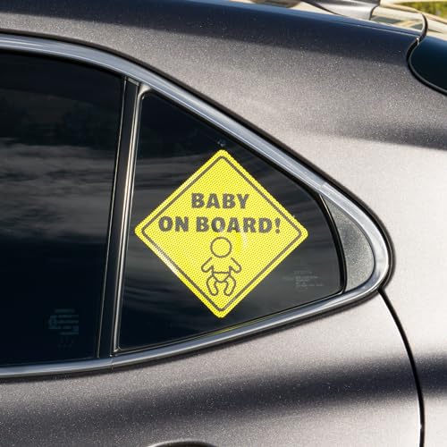 Image of Baby On Board Sticker Sign - Essential for Cars - 2 Pack, 5.5 inch by 5.5 inch - Bright Yellow and See-Through On Window - Best Safety Signs - No Need for Suction Cup or Magnet - Durable Strong Baby in Car