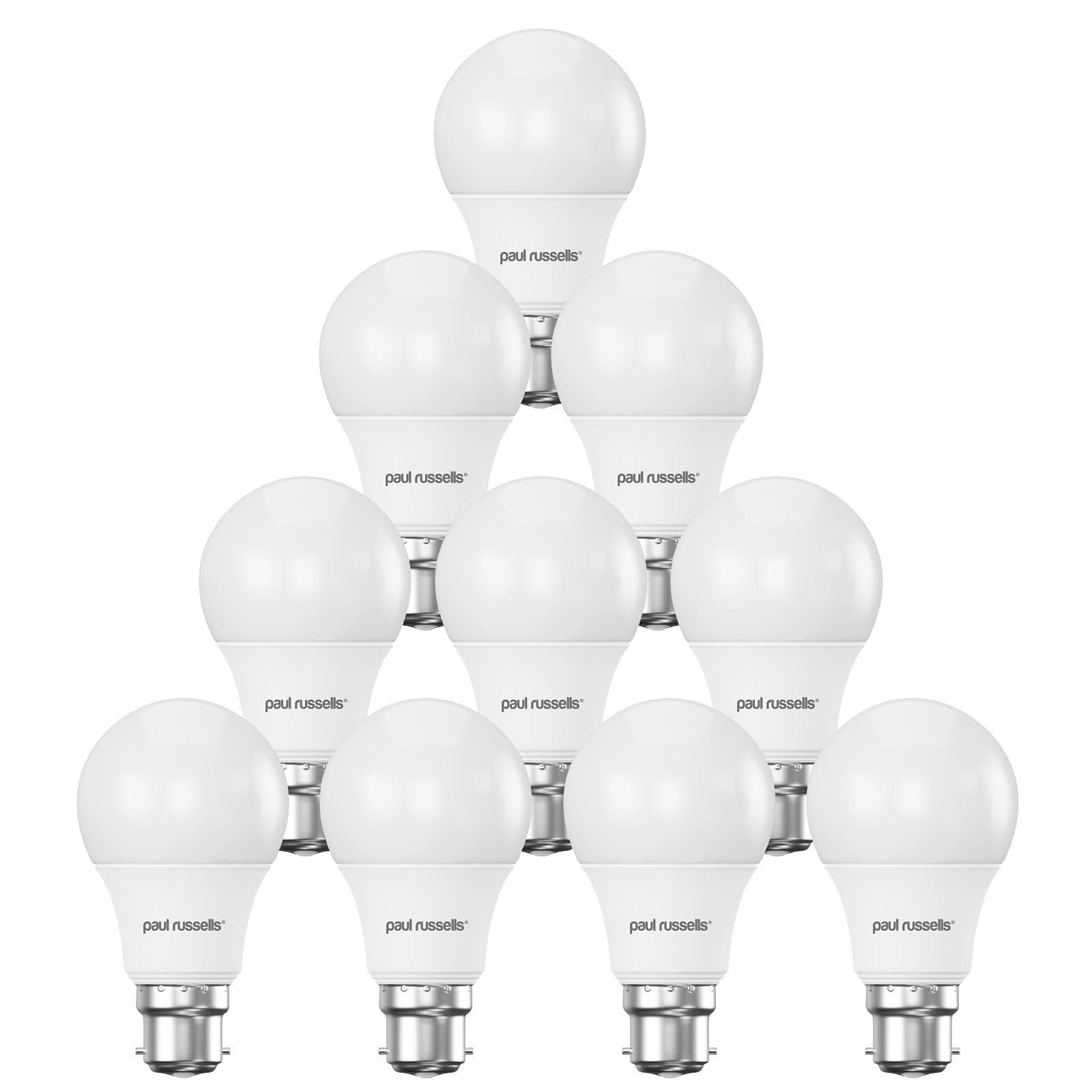paul russells LED GLS Lights Bayonet Cap B22, 60w Equivalent, 8Watt 806LM LED Bulbs, 4000K Cool White, Classic Frosted A60 Standard BC Energy Saving (Not Dimmable) Large Globe Lamps, Pack of 10