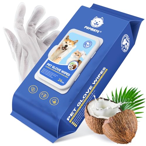 Image of Pet Cleaning Glove Wipes for Dogs & Cats, Hypoallergenic Deodorizing Disposable Bathing Wipes,No-Rinse Grooming Wipes,Perfect for Pet Dry Cleaning,Daily Care and Travel, Coconut Scent, 24 pcs