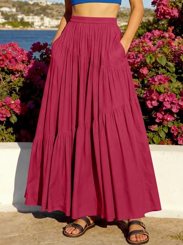 Image of ANRABESS Women's Boho Elastic High Waist Pleated A-Line Flowy Swing Asymmetric Tiered Maxi Long Skirt Dress with Pockets