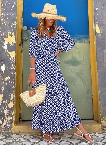 Image of miduo Womens Loose Fit Casual Summer V Neck Half Sleeve Bohemian Geometric Pattern Maxi Long Dresses