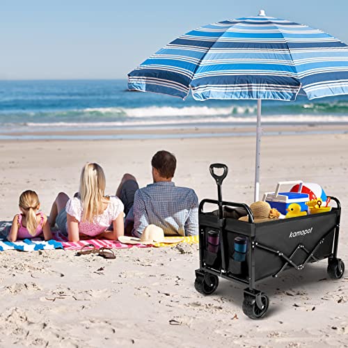 Folding Beach Wagon with Big Wheels for Yard and Sports - 220lb Capacity (Black)