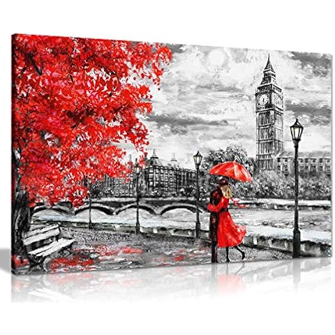 London Oil Painting Artwork Reproduction Big Ben Red Umbrealla Canvas Wall Art Picture Print (24X16) Cover