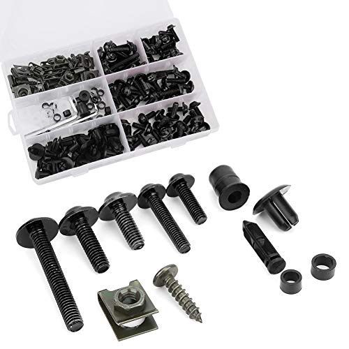 198 Stück Set Verkleidungsschraubensatz Verkleidungsschraubensatz, Windschutzscheibenverkleidungsschrauben M5 M6 Schraubensatz Motorradverkleidungsschraubenzubehör(Schwarz)