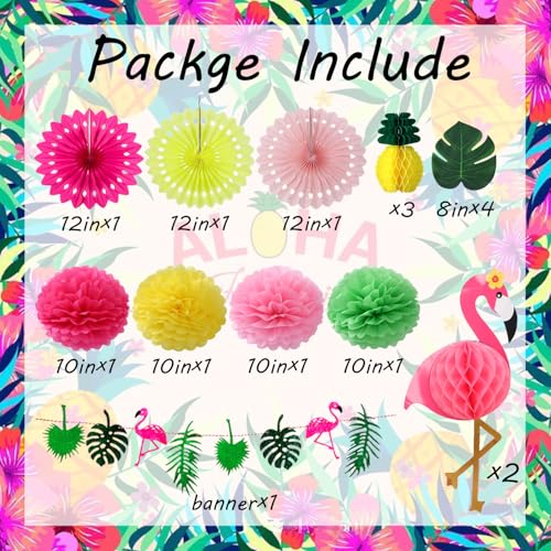 Image of Hawaiian Tropical Birthday Party Decorations, Flamingo and Palm Leaves Banner Pineapple Flamingo Honeycomb Ball Tissue Paper Fan Pom poms Flowers for Summer Luau Beach Party Suuplies