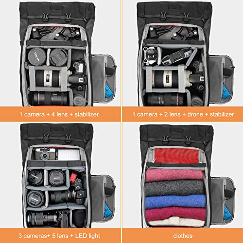 Camera Backpack Waterproof Besnfoto, Photography Bag Roll Top For Dslr Slr Mirrorless Camera With Laptop Compartment Tripod Holder Large Capacity For Hiking Travel Men #TOP1