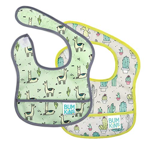 Image of Bumkins Bibs, for Baby Girl or Boy, Infant 3-9 Months, Essential Must Have for Eating, Feeding, Baby Led Weaning, Mess Saving Waterproof Soft Fabric, Starter Bib 2-pk Cactus and Llama Green