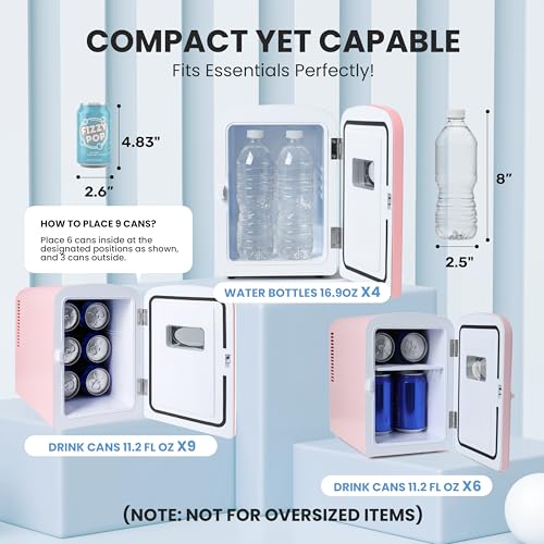 Image of HealSmart Mini Fridge Portable 6 Liter /9 Can with Observation Window, Cooler&Warmer Small Desk Compact Refrigerator for Skin Care, Cosmetics, Beverage, Food in Bedroom, Car, Office, Dorm, Pink