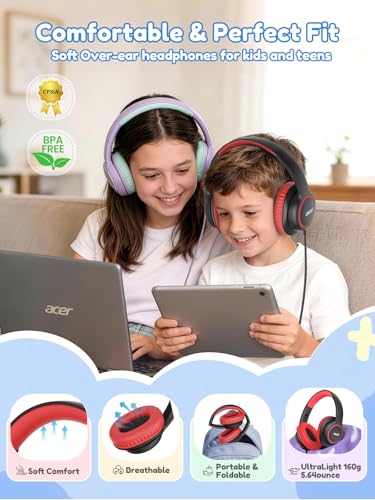 Image of Acer OHW328 Kids Headphones Wired for School - Over Ear Design | 85 /94dB Safe Volume, 3.5mm Jack Foldable Headphones for Kids Boys Girls Classroom Yoto Player Chromebook Travel Black Red