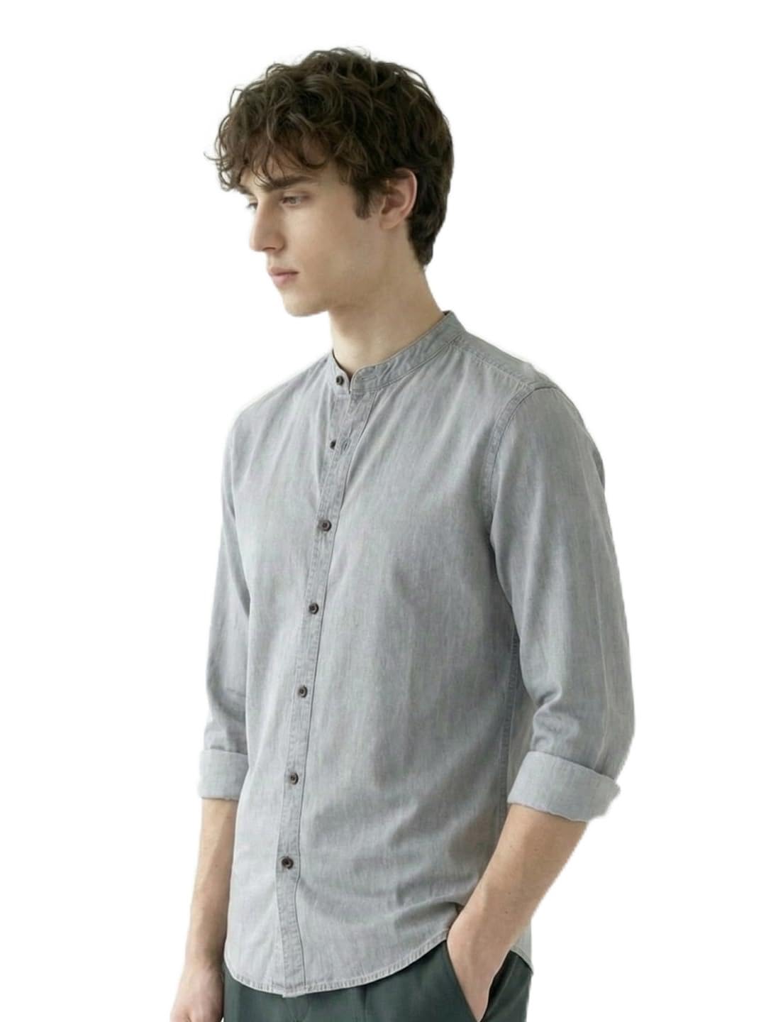 Aurelia Men Washed Cotton Twill Denim Casual Button Down Shirt | Mandarin Collar | Full Sleeves | Regular Fit | Stylish Summer - Everyday Wear in blue