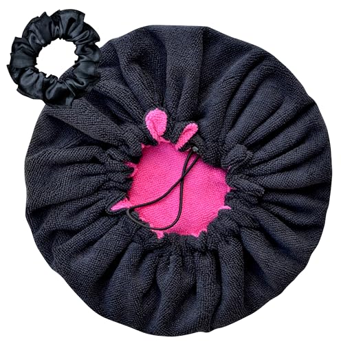 Touca de Banho Toalha Mágica Atoalhada Microfibra Dupla Camada Alta Absorção com Regulagem (Preto/Pi