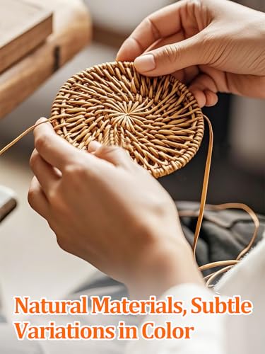 Image of 6Pcs Handmade Natural Rattan Coasters Set with Holder, Boho Coastal Decor