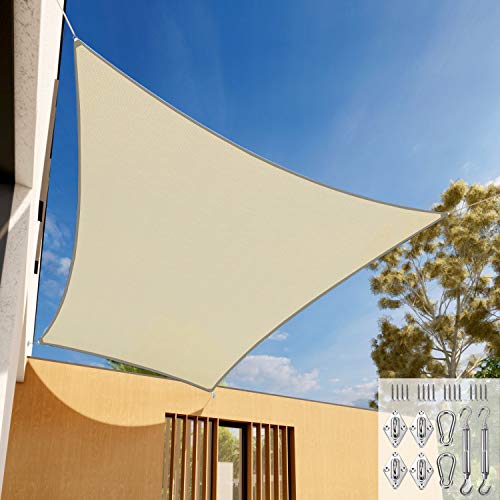 E&K Sunrise 17' x 17' Sun Shade Sail Rectangle Canopy Shade Cover with Hardware Kit UV Block for Outdoor Pergola Patio Backyard Garden Deck (Beige)