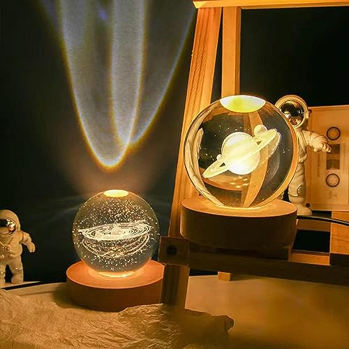 Image of 3D Crystal Ball LED Night Lamp with Wooden Base | Warm Light Bedside Table Lamp for Bedroom, Living Room, Kids Room, Study, Home Decoration & Gifting (Saturn Ring)