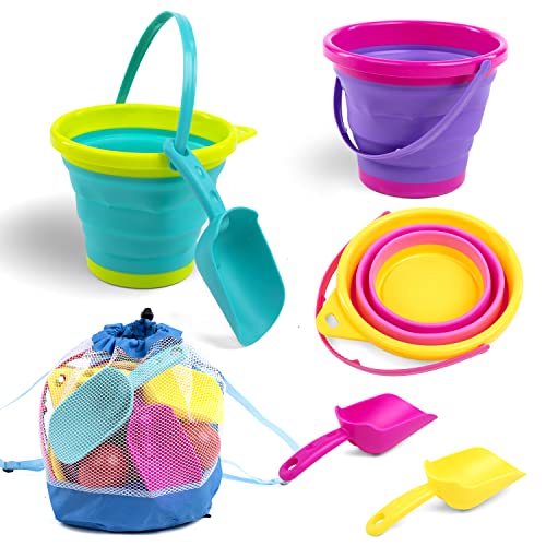 Joyin Foldable Beach Bucket Set - 3 Packs Collapsible Beach Toy Buckets With Shovels And Mesh Backpack For Kids Toddlers Beach Party, Easter Egg Hunts, Camping Gear, Travelling And Fishing Water Pail #TOP7