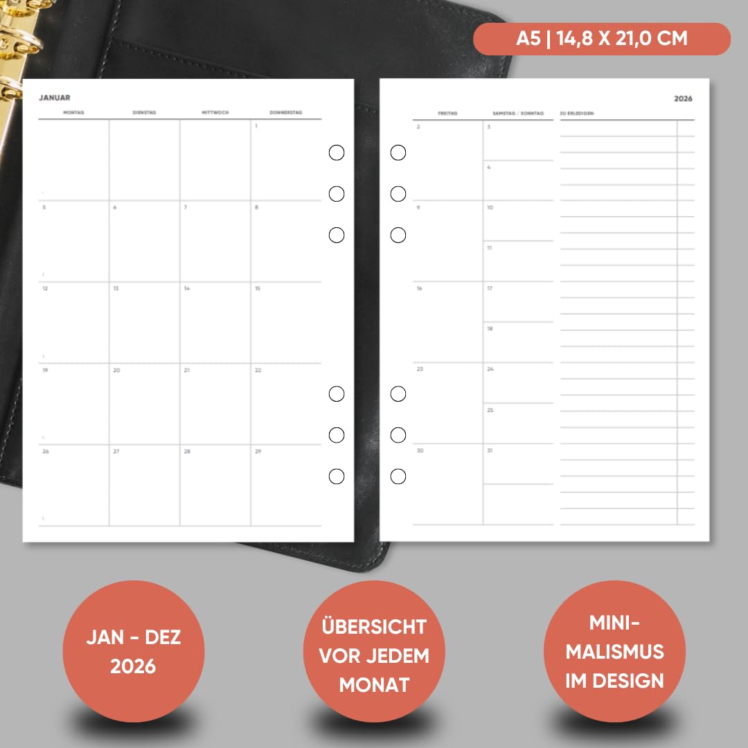 pen & pages® Kalender 2026 "Spalten mit Uhrzeiten" 1 Woche auf 2 Seiten DIN A5 Kalendereinlage für Ringbuch mit Monatsübersicht Jahresübersicht DACH Feiertagen 6 fach Lochung (All-in-One)