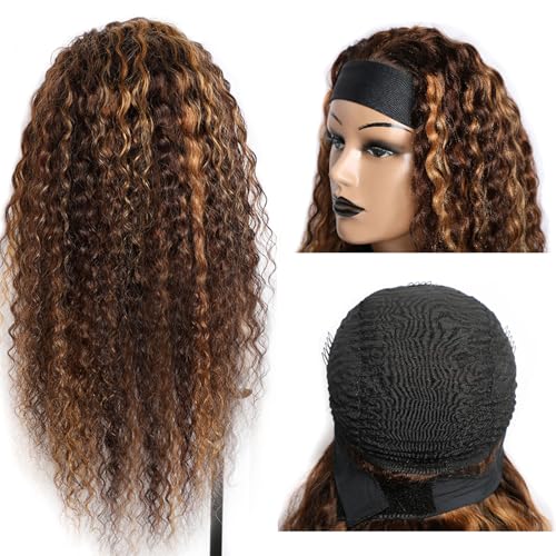 Image of Punmasa Headband Wig Human Hair Deep Wave 4 /27 Human Hair Headband wigs for women Glueless None Lace Front Wig Machine Made 150% Density headband wig human hair with Headbands (14Inch)