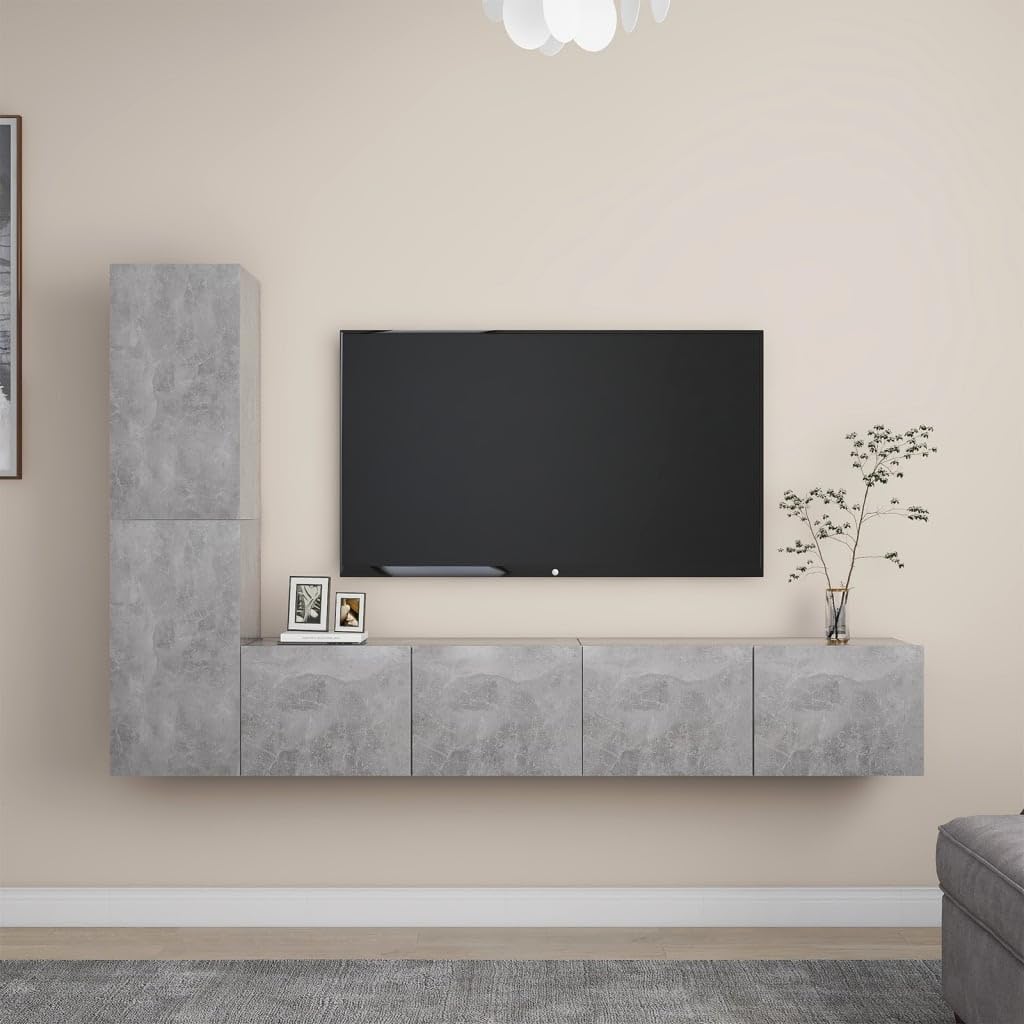 4-częściowy zestaw szafek telewizyjnych betonowy szary z materiału drewnopochodnego, szafka pod telewizor, szafka pod telewizor, meble multimedialne z miejscem do przechowywania, montaż