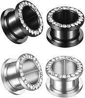 NewZenro Black Silver Plated CZ Rhinestone Ear Tunnels Gauges - Hypoallergenic 316L Stainless Steel Screw Fit Plugs, 2 Pairs Gift Pouch