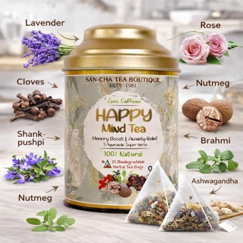 Image of Sancha Tea Boutique, Happy Mind Herbal Infusion, 25 Pyramid Tea Bags | Ayurvedic Blend with Brahmi, Shankhpushpi, Ashwagandha & Rose | Caffeine-Free Relaxation Tea in Double Lid Tin Caddy