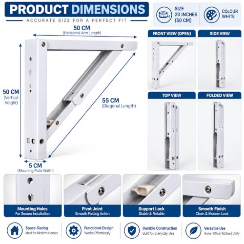 Image of Compal 20 Inch Folding Shelf Brackets for Wall Mounted Table, Heavy Duty Metal Foldable Bracket Pair for Study Table, Laptop Desk, Work Table & Shelf, Space Saving 90 Locking Support, White