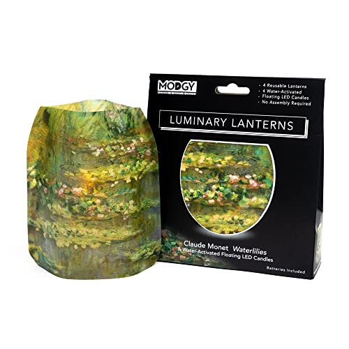 MODGY Luminary Lanterns Candle Holder Decorative Indoor Outdoor Decor, Lanterns for Wedding Centerpiece Decoration Outside Patio 4-Pack, with Flameless Floating LED Candles Claude Monet Waterlilies