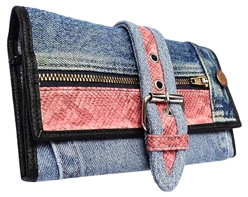 Upcycling Bifold Denim Wallet Decorated Snake skin PU leather Zipper and Buckle Accents Long Wallet Clutch Purse for Women (Pink)3