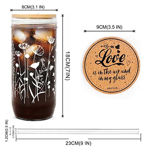 Anotion Floral Coffee Cups, Mason Jars With Lids And Straws Glass Cups With Wildflower Bamboo Lid Iced Coffee Cups Tumbler Drinking Glasses Travel Coffee Mug Gift For Women Sister Mom #TOP4