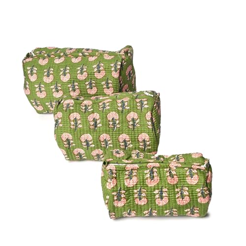 Quilted Cotton Travel Pouch – Multipurpose Makeup & Toiletry Organizer Bags for Women, Stylish Jungle Print Cosmetic Bags with Zipper Closure (Green Set of 3)
