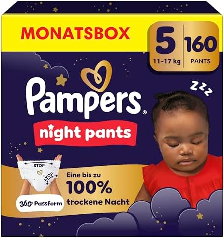 Pampers Night Pants Größe 5, 160 Windeln, 11kg-17kg | bieten zusätzlichen Schutz für die ganze Nacht