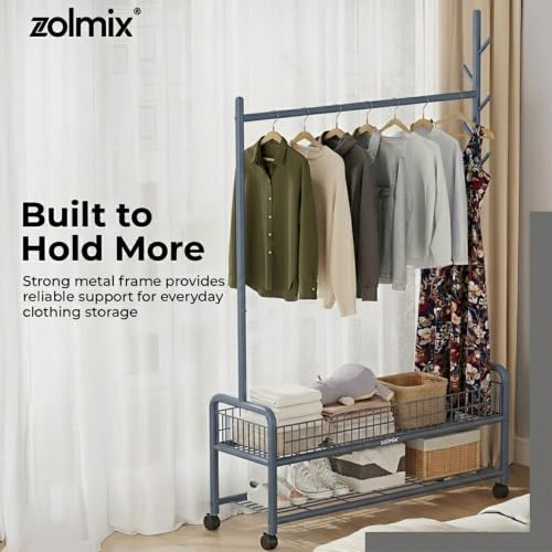 Image of ZOLMIX Metal Garment Rack With Wheels & 2 Bottom Mesh Shelves | Clothes Hanging Stand, Coat Hanger Stand For Home, Cloth Rack For Bedroom, Clothing Rack Organizer For Clothes, Bags & Shoes (Grey)