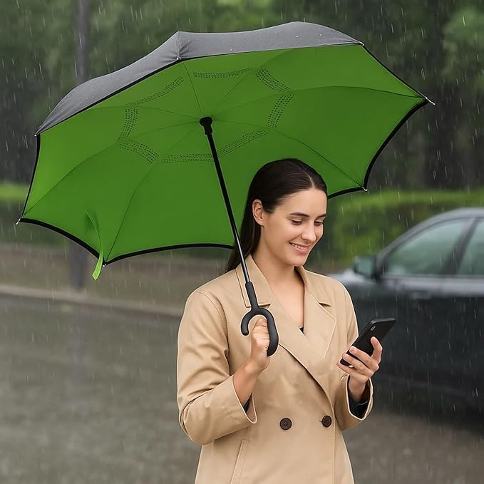 DRAYA DEAL'S Inverted Reverse Umbrella for Car, Double Layer Windproof C Handle Umbrella, Big Size Reversible Upside Down Umbrella for Men & Women, UV & Rain Protection (Multicolor)