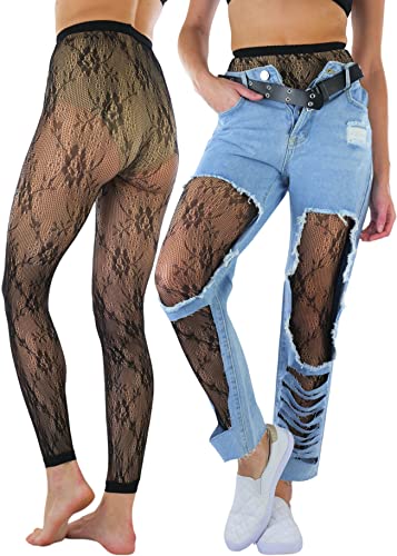 Image of ToBeInStyle Women's Single Floral Lace Fishnet Tights Footless & Stirrup Design