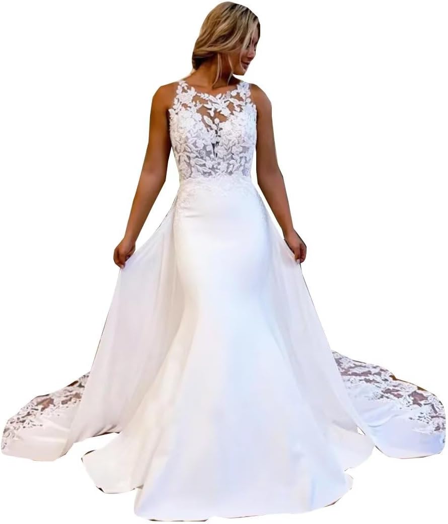 Illusion Lace Satin Beach Bridal Ball Gowns Mermaid Wedding Dresses for Bride with Long Detachable Train