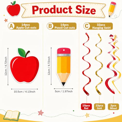 Image of Back to School Hanging Swirls Decorations, 60PCS First Day of School Apple Pencil Swirls Hanging Ornaments for Preschool Elementary Classroom Ceiling Welcome Back to School Party Favors Supplies